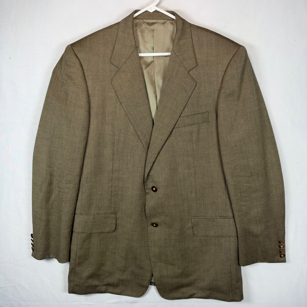 Hickey Freeman Mens 42R Sport Coat Blazer Olive Brown Metal Crest Buttons Saks